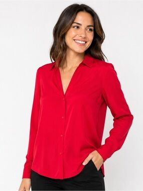 AMANDA‎ UPRICHARD Women's Red Button Front Silk Hilton Blouse Long Sleeve Medium